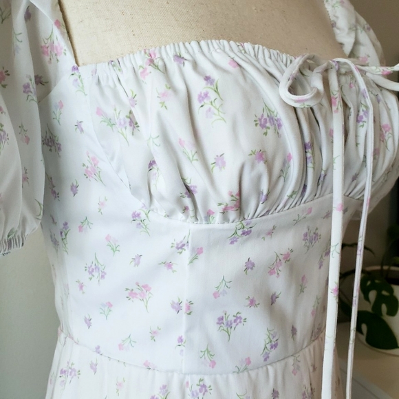 White Floral Print Puff-Sleeve Square Neck Midi Maxi Dress - Picture 5 of 12